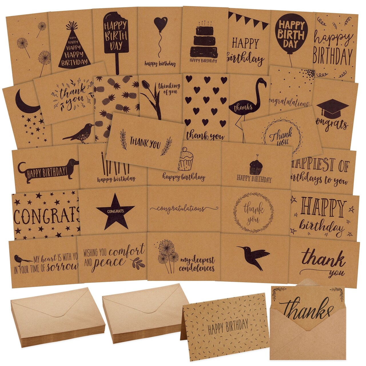 36 Pack Assorted All Occasion Cards with Envelopes in 36 Unique Designs for Birthdays, Congratulations, Sympathy, Thank You (Kraft Paper, 4x6 In)